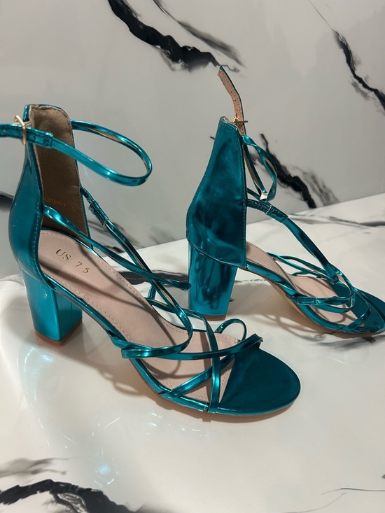 otra Shoes - Metallic Teal Strappy Block Heel Sandals - Women's